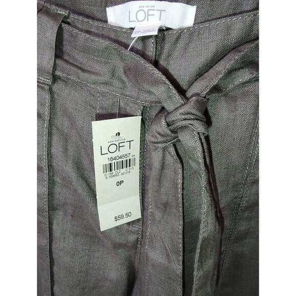 NWT Loft size 0P olive green 100% linen belted pants side and back pockets - Picture 3 of 9